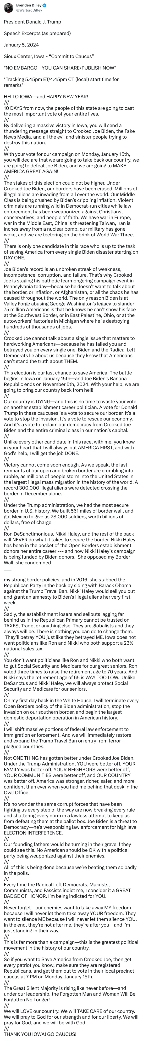 An X (Twitter) post from @WarlordDilley - Brenden Dilley