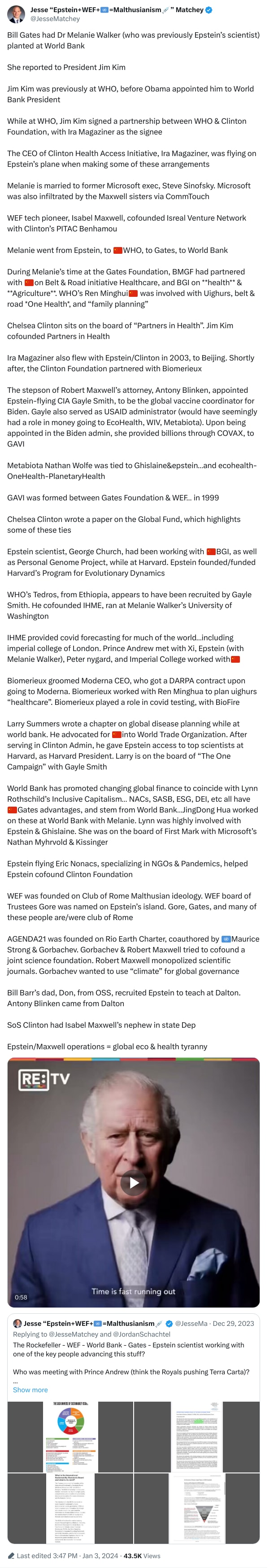 An X (Twitter) post from @JesseMatchey - Jesse “Epstein+WEF+🇺🇳=Malthusianism💉” Matchey