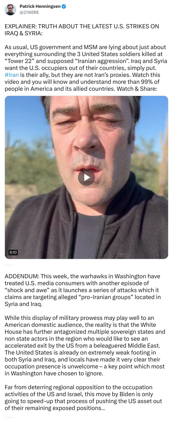 An X (Twitter) post from @21WIRE - Patrick Henningsen