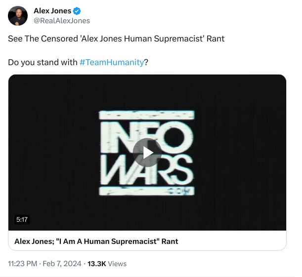 An X (Twitter) post from @RealAlexJones - Alex Jones