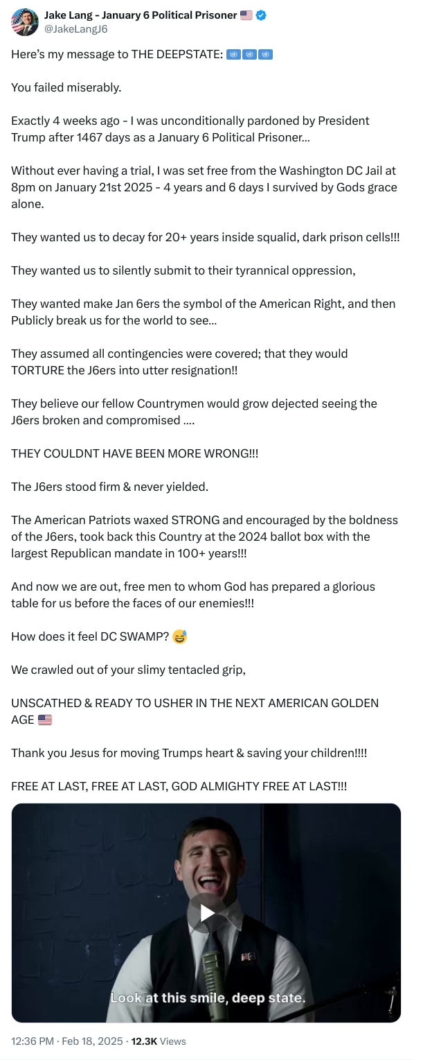 An X (Twitter) post from @JakeLangJ6 - Jake Lang - January 6 Political Prisoner 🇺🇸