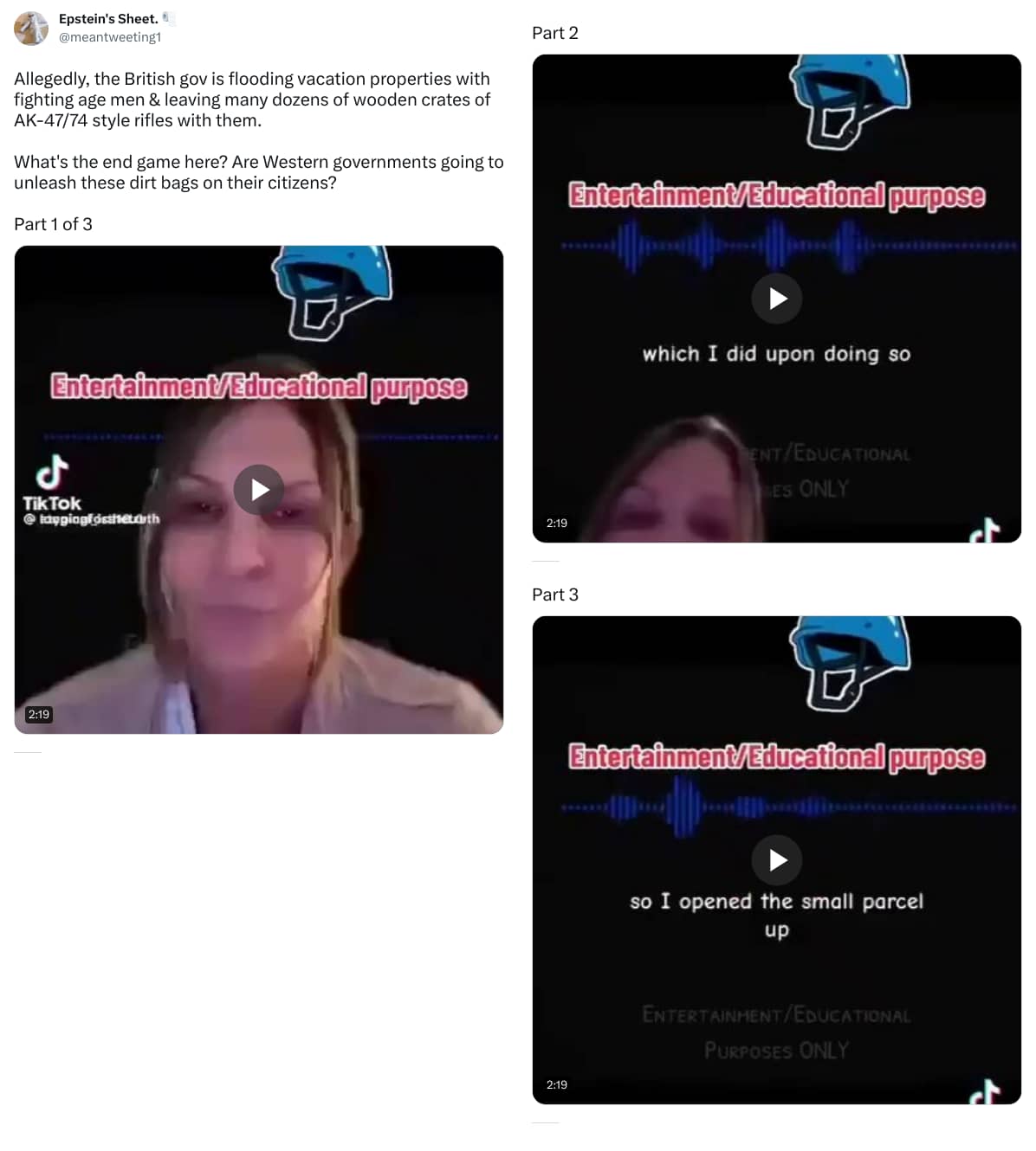 An X (Twitter) post from @meantweeting1 - Epstein's Sheet. 🧻