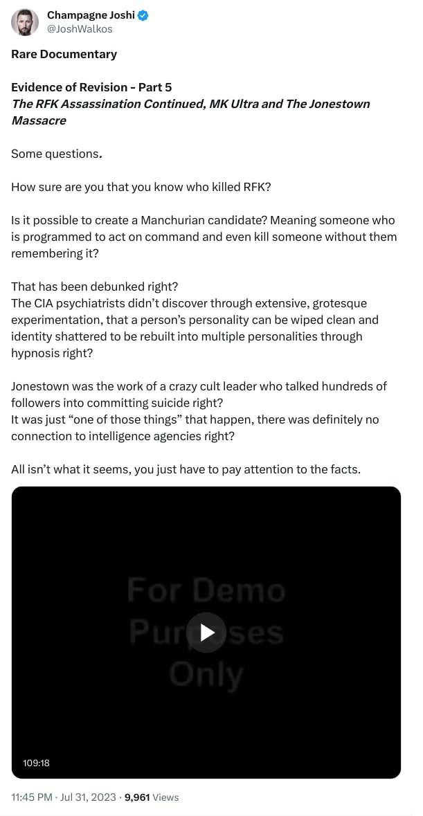 An X (Twitter) post from @JoshWalkos - Champagne Joshi