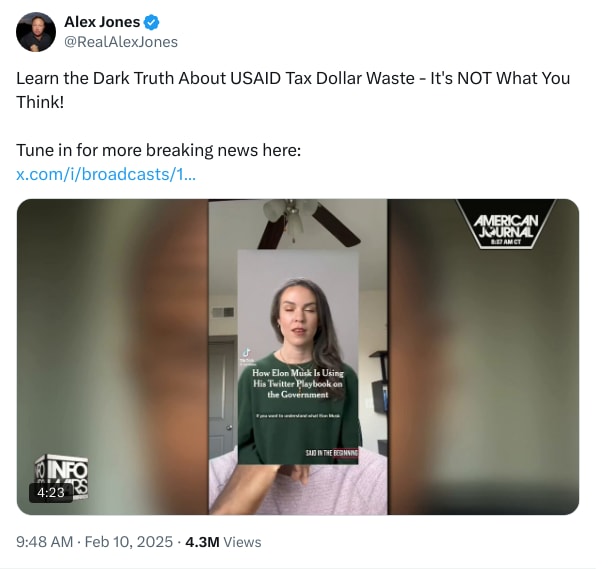 An X (Twitter) post from @RealAlexJones - Alex Jones