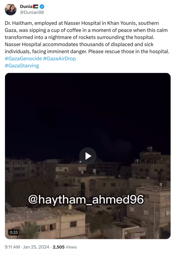 An X (Twitter) post from @Dunian98 - Dunia🇵🇸