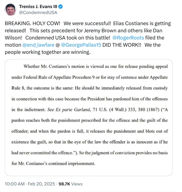 An X (Twitter) post from @CondemnedUSA - Treniss J. Evans III