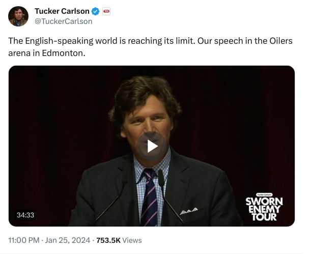 An X (Twitter) post from @TuckerCarlson - Tucker Carlson