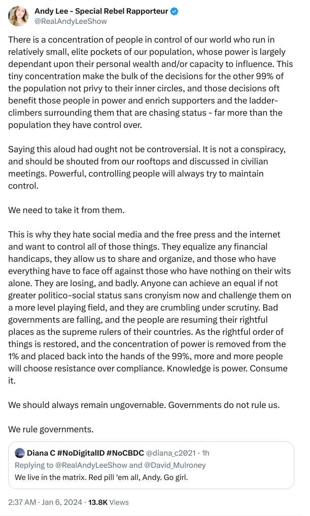 An X (Twitter) post from @RealAndyLeeShow - Andy Lee - Special Rebel Rapporteur