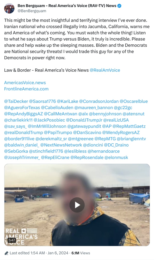 An X (Twitter) post from @BenBergquam - Ben Bergquam - Real America’s Voice (RAV-TV) News