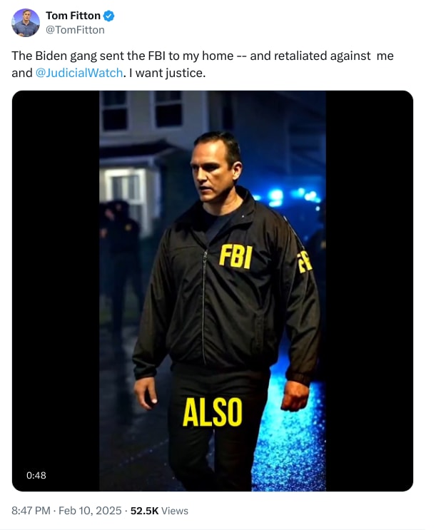 An X (Twitter) post from @TomFitton - Tom Fitton