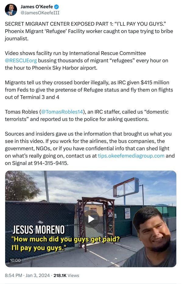 An X (Twitter) post from @JamesOKeefeIII - James O'Keefe