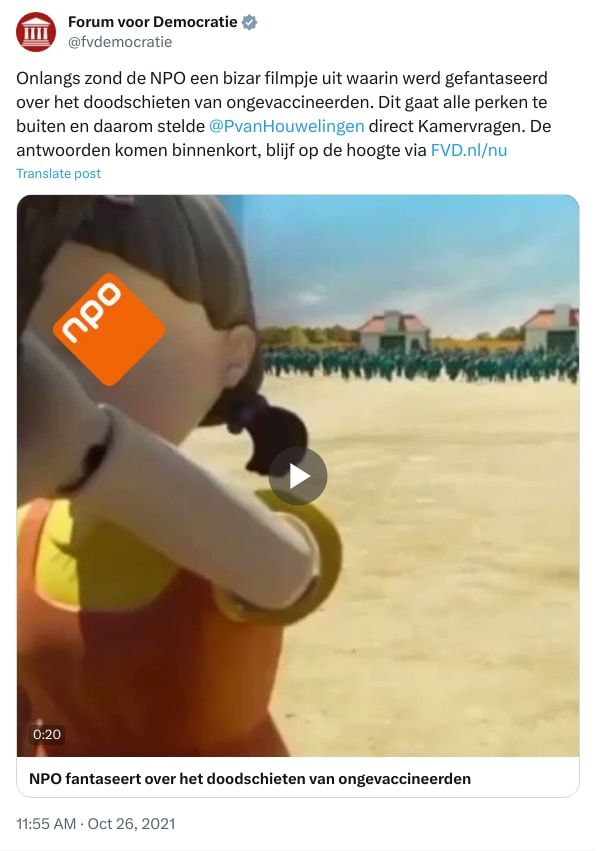 An X (Twitter) post from @fvdemocratie - Forum voor Democratie