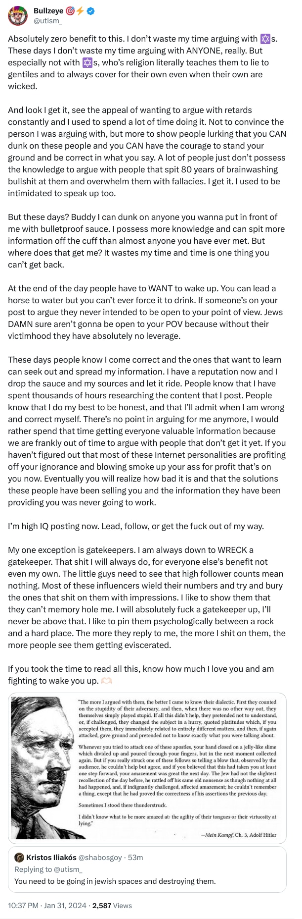 An X (Twitter) post from @utism_ - Bullzeye 🎯⚡️