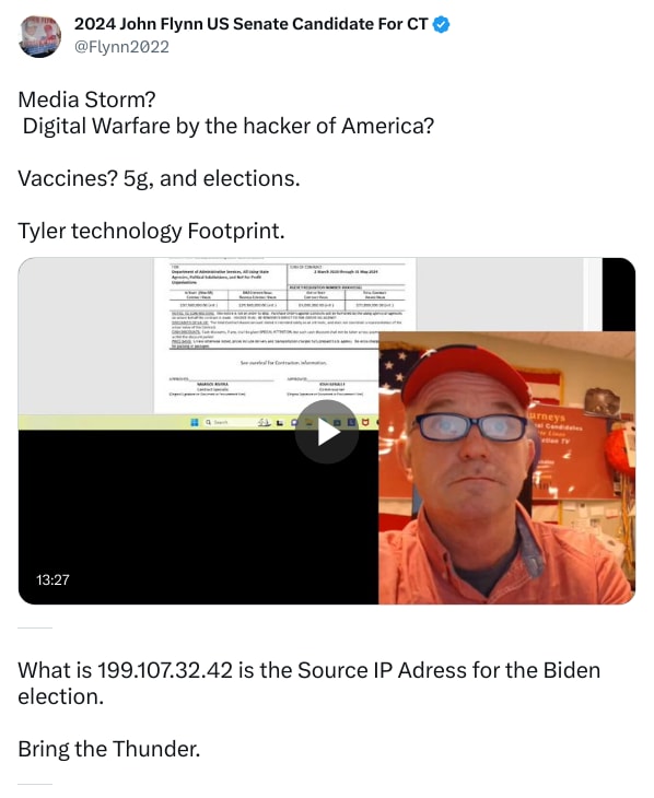 An X (Twitter) post from @Flynn2022 - 2024 John Flynn US Senate Candidate For CT