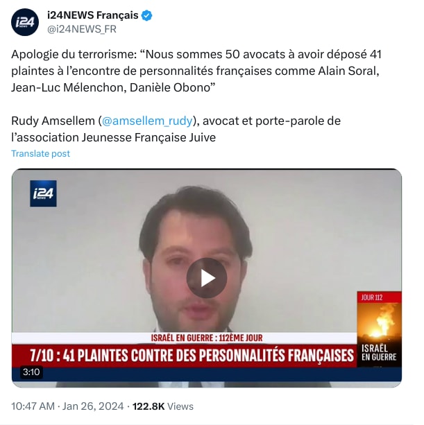 An X (Twitter) post from @i24NEWS_FR - i24NEWS Français