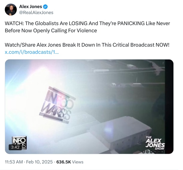 An X (Twitter) post from @RealAlexJones - Alex Jones