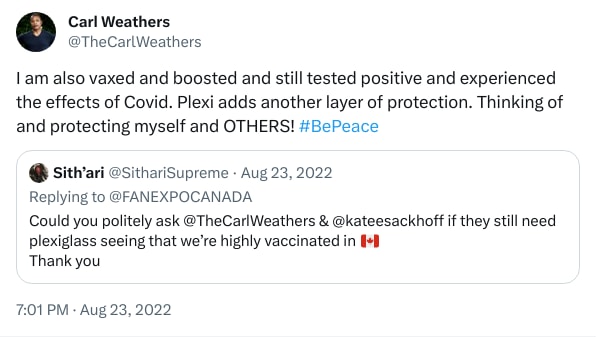 An X (Twitter) post from @TheCarlWeathers - Carl Weathers